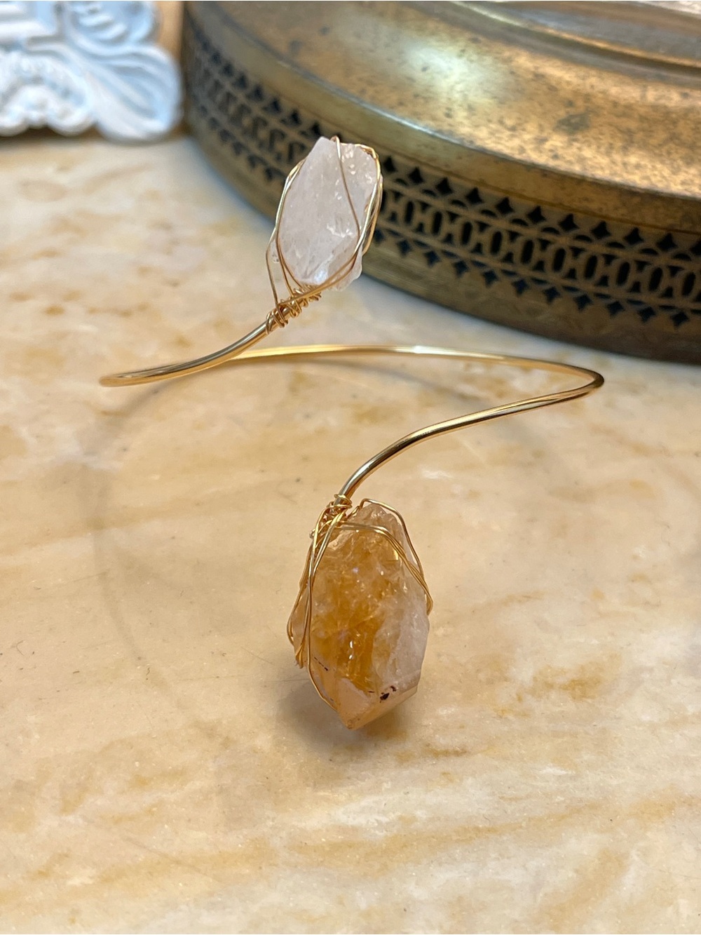 Gold Wire Wrapped Citrine + Clear Quartz Bangle